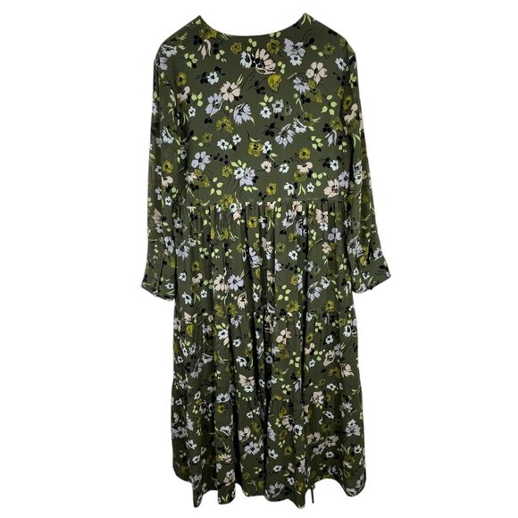 Madewell Floral Cinch-Waist Tiered Midi Dress Sz M Olive Green Wildblooms - Picture 3 of 12